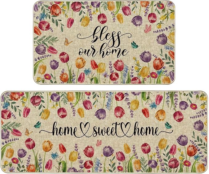 Tulip Lavender Easter Kitchen Mats for Floor Set of 2, Tulip Flower Spring Floor Mats, Non Slip Rubber Backing Kitchen Floor Mat and Rug Set for Kitchen Sink, Office, Laundry