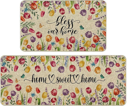 Tulip Lavender Easter Kitchen Mats for Floor Set of 2, Tulip Flower Spring Floor Mats, Non Slip Rubber Backing Kitchen Floor Mat and Rug Set for Kitchen Sink, Office, Laundry