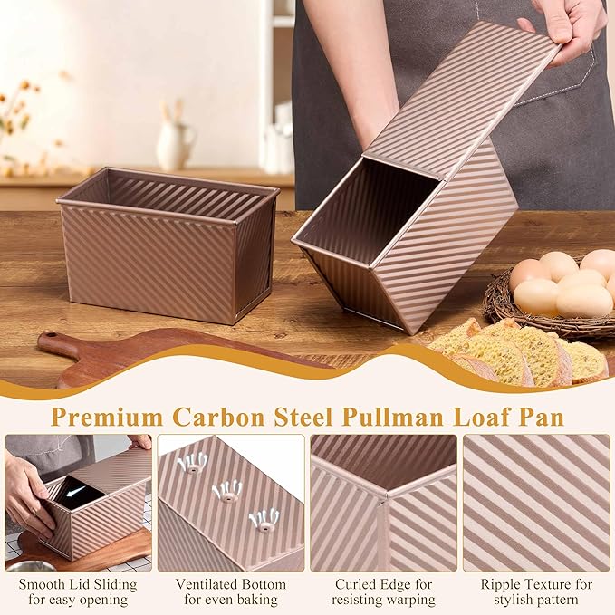 LIANYU 3 Pack Pullman Loaf Pan with Lid, 1 LB Nonstick Bread Loaf Pans Set, Heavy Duty Rectangle Bakeware with Cover for Homemade Sourdough Bread Sandwich, Rose Gold
