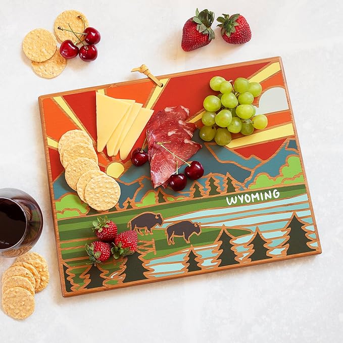 Totally Bamboo Wyoming State Shaped Cutting Board and Charcuterie Serving Platter with Artwork by Summer Stokes, Includes Hang Tie for Wall Display