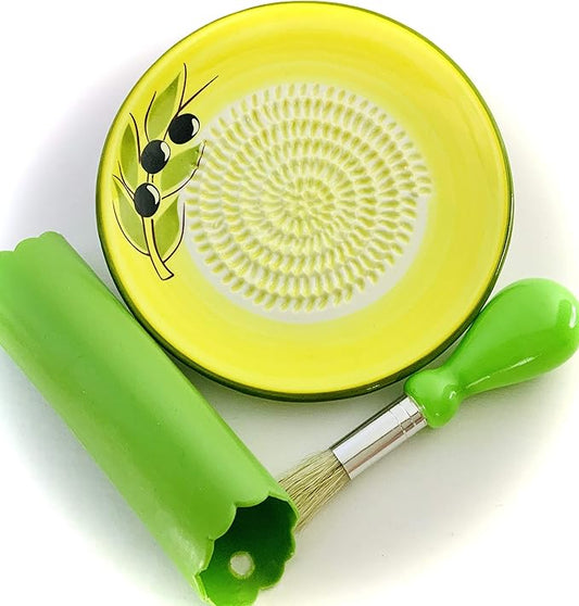 All-in-one Premium Ceramic Garlic Grater Plate 4-Piece Set - Yellow Olive Design, Classic Style - For Garlic, Ginger, Chocolate, and more! - Comes with 5.25" Plate, Peeler, Brush, and Stand