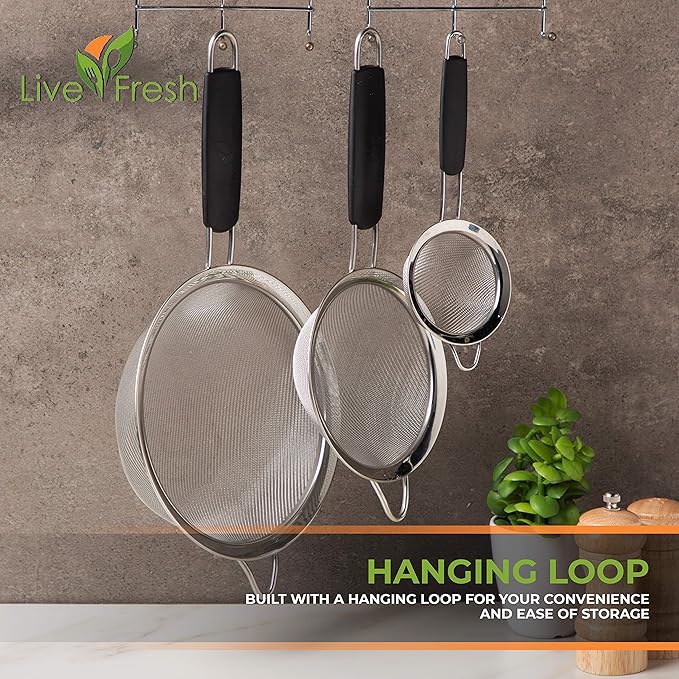 LiveFresh Food Strainer Set - Premium Fine Stainless Steel Fine Mesh Set of Strainers, Colanders and Sifters Crafted for Quinoa and More with Comfortable Non Slip Handles - Set of 3