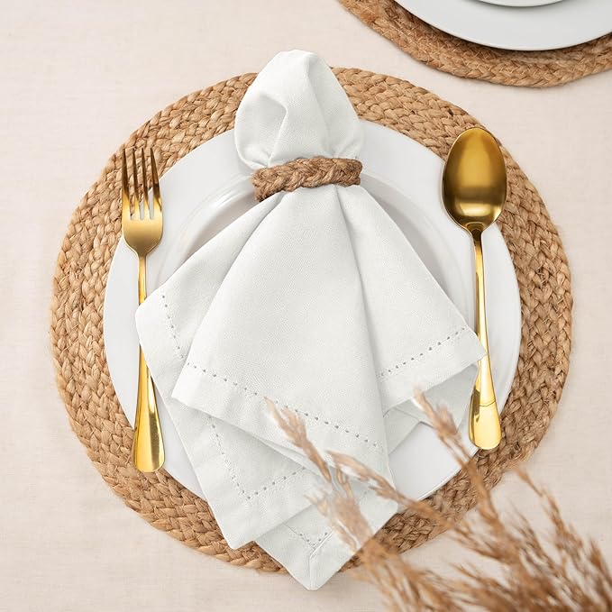 Blue Needles Set of 6 Hemstitch Linen Napkins 100% Cotton White Cloth Dinner Napkins 18x18 inches, Soft, Reusable, Absorbent, Washable, Ideal for Valentine's Day Events, Parties & Everyday Use