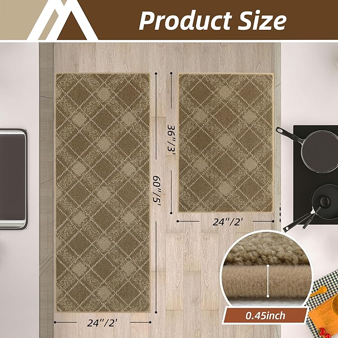 COSY HOMEER Kitchen Rugs and Mats Sets 2PCS Non-Slip Soft Kitchen Mats for Floor Absorbent and Stain Resistant Kitchen Floor Mat Washable Plaid Rugs for Kitchen,24"x36"+24"x60",Taupe