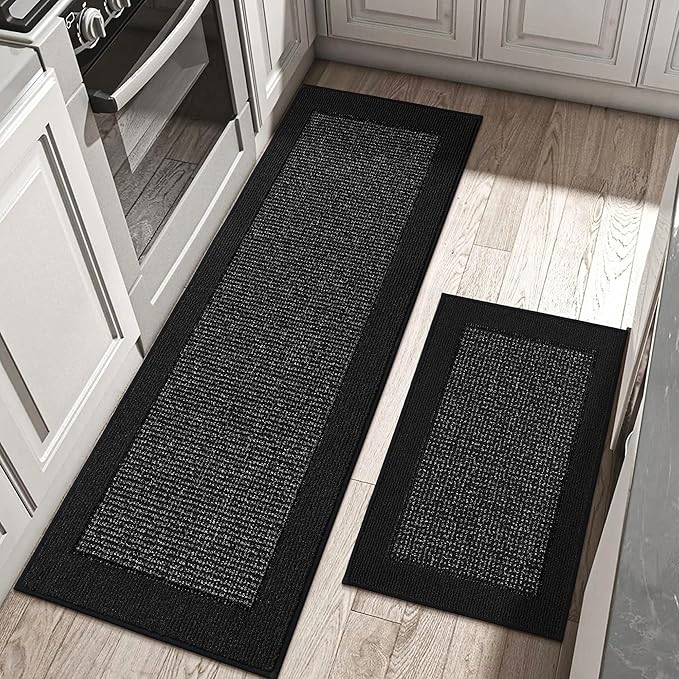 BEQHAUSE Kitchen Rugs and Mats Set of 2 Non-Slip Kitchen Mats for Floor, Absorbent and Stain Resistant Kitchen Runner, Machine Washable Rugs for Kitchen, Laundry & Sink, 24"x36"+24"x60", Black