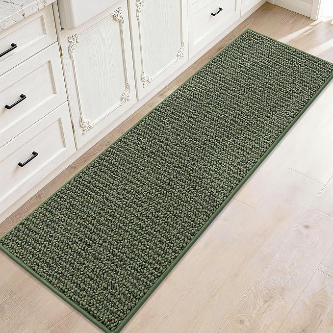 JSEI Kitchen Runner Rugs, 17''x60'' Non-Slip Kitchen Mats for Floor, Machine Washable Absorbent and Stain Resistant Kitchen Rug, Carpet Mats with TPR Backing for Kitchen, Green