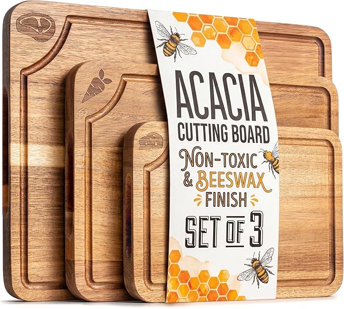 Non Toxic Cutting Boards for Kitchen - Beeswax Finished Acacia Wood Chopping Board Set of 3 (15.7x12,13x9.4,10x7 in) (Acacia Wood, 3 Pack Beeswax Finish - without Stand)
