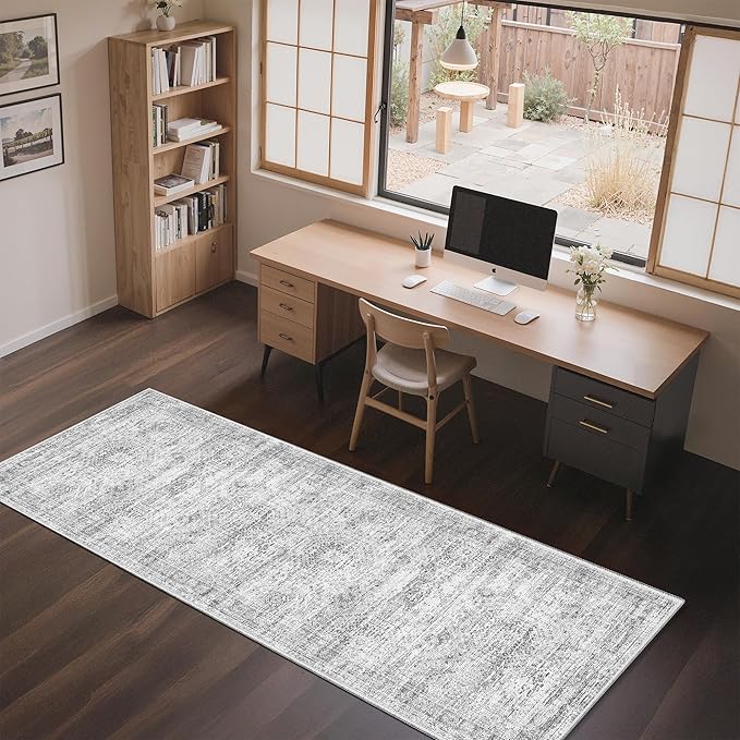 3x8 Runner Rug Non Slip Washable for Entryway, Vintage Hallway Runner for Front Porch, Laundry Room, Bedroom, Abstract Stain Resistant Thin Indoor Kitchen Mats for Floor(3'x8', Grey/Ivory)