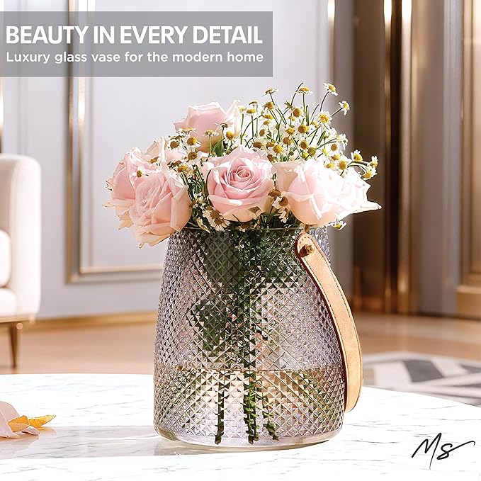Nordic Handcrafted Glass Flower Vase with Vegan Leather Handle – Diamond Pattern Design – Modern Decorative Centerpiece – Elegant Gift for Weddings, Housewarming, Anniversaries – Stylish Home Décor