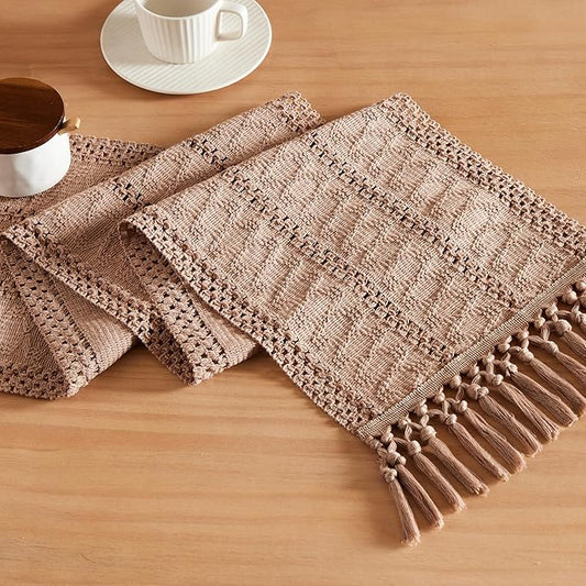 ZeeMart Macrame Style Boho Table Runner, Taupe Table Runners 48 Inches Long, Farmhouse Woven Home Decor, 12x48 Inch, Taupe
