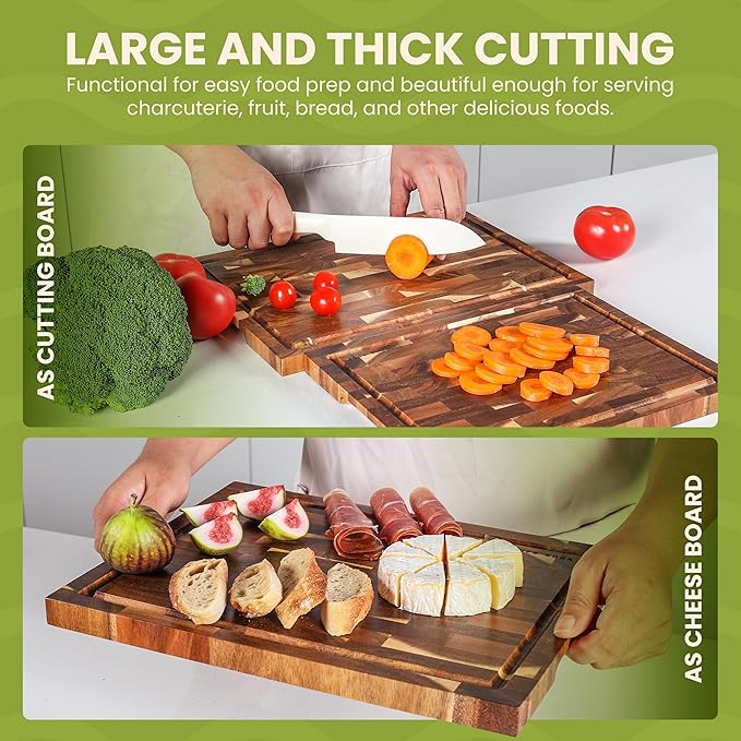 Kitchen Nook Acacia Wood Cutting Board Set - 3 Piece Acacia Cutting Board with Holder, Knife Friendly, Dual Sided, Built-in Handles, & Juice Grooves | 13, 15, & 17 Non Toxic Cutting Boards for Kitchen