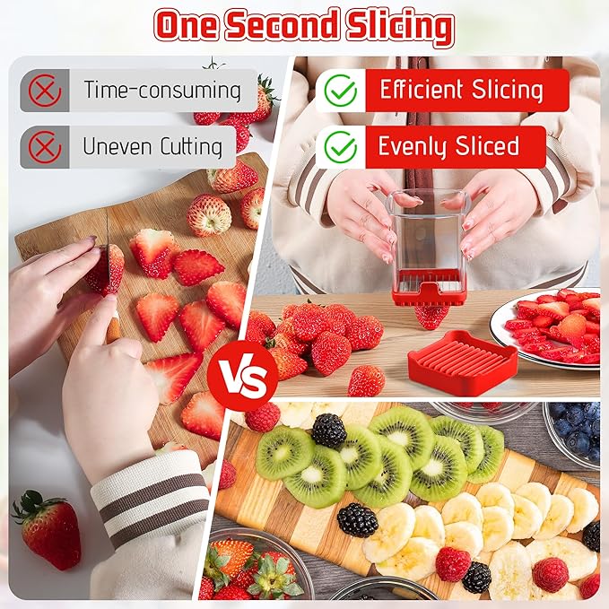 3-in-1 Strawberry Banana Egg Slicer Cup | Detachable Fruit Cutter with Push Plate for Effortlessly Safe Slicing | Quick Meal Prep & Snacks Kitchen Gadget (Red)