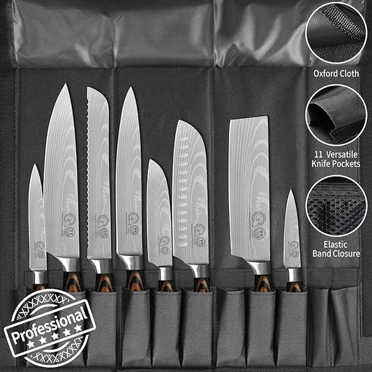 XYJ Stainless Steel Kitchen Knives Set 8 Piece Chef Knife Set with Carry Case Bag & Sheath Well Balance Ergonomic Handle