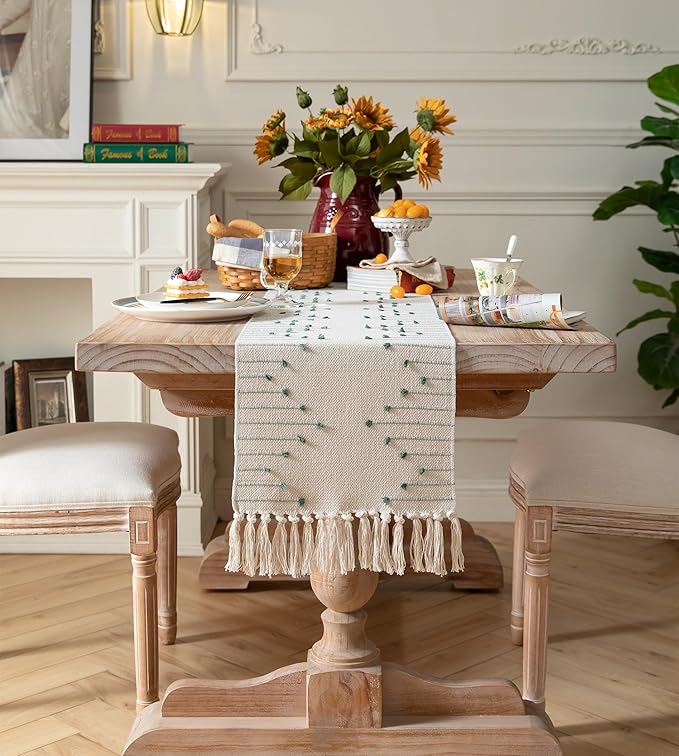 Boho Table Runner 13 x 48 Inch Long Natural Cotton Woven Runner with Tassels for Home Dining Table décor, for Modern Farmhouse Decor Coffee Table Runner, Green and Beige