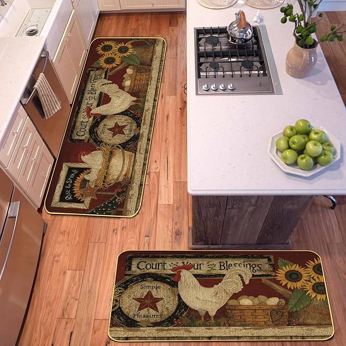 Farmhouse Decorative Kitchen Rugs and Mats Set of 2, Farm Rooster Non-Slip Kitchen Mats,Seasonal Holiday Party Sets Washable Low-Profile Floor Mats - 17x29 and 17x47 Inch