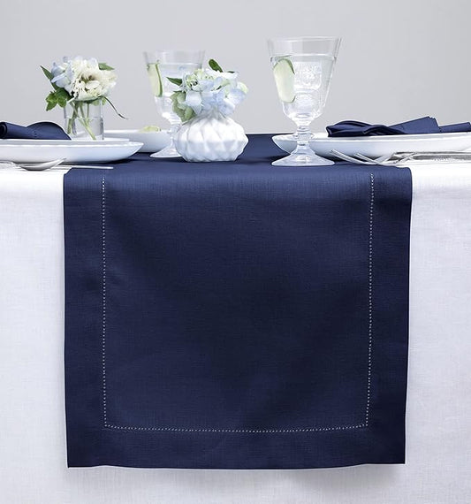 Solino Home Linen Navy Blue Table Runner 60 Inches - Classic Hemstitch, 100% Pure Linen Coffee Table Runner 14 x 60 Inch Ideal for Dresser Tables - Easter