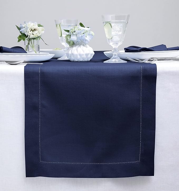 Solino Home Linen Navy Blue Table Runner 144 Inches Long - 100% Pure Linen Extra Long Table Runner 14 x 144 Inch for Easter - Classic Hemstitch