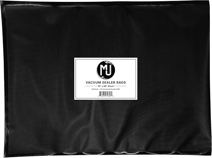 MJ Commercial-Grade Vacuum Sealer Bags for Food Storage, Sous Vide | 50 Pack (15" x 20" 5 Mil, All Black)