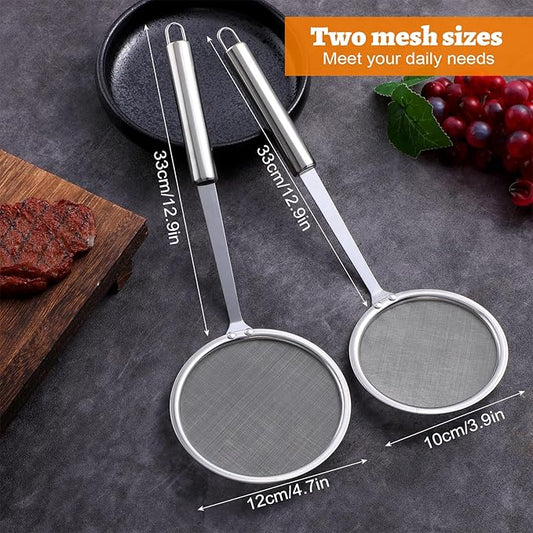 2 Pcs Fat Skimmer Spoon, Stainless Steel Fine Mesh Food Strainer Ladle with Long Handle, Hot Pot Skimmer for Kitchen Cooking Oil Filter Floating Grease Gravy and Foam