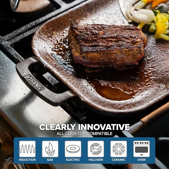 Viking Nonstick Double Burner Griddle, 24 Inch Bronze Cast Iron Grill Pan, Made without PFAS, Induction Compatible, Oven Safe to 500F