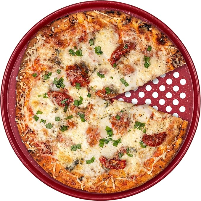 casaWare Perforated Pizza Pan 12-inch, Ceramic Coated NonStick (Red Granite)
