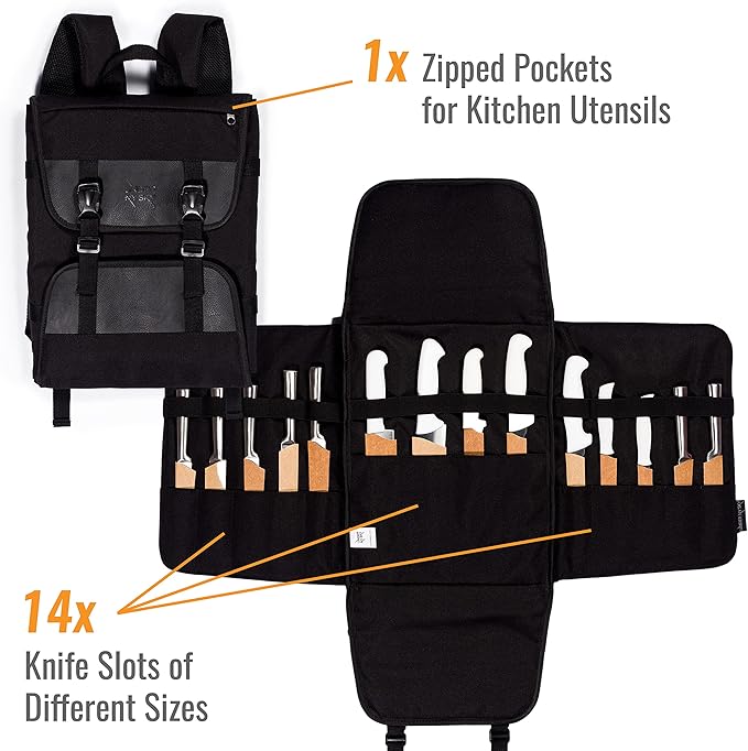 Under NY Sky Knife Bag - 14 Knife Slots, 1 Zipped Pocket for Kitchen Utensils, Large Pocket for Notebooks - Expandable - Sturdy Nylon Backpack (Black)