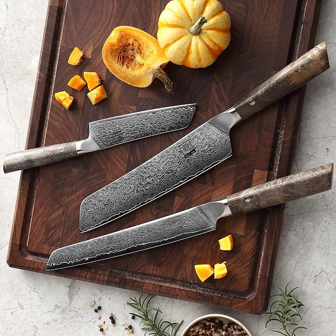 zayiko Jun Damascus Kitchen Knife Set – 3-Piece Professional Chef Knife Collection | 67-Layer VG10 Core Steel | Maple Wood Handles | Chef, Carving & Utility Knives in Wooden Gift Box