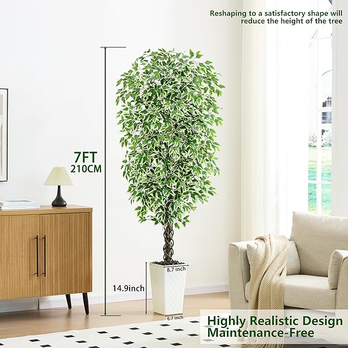 Artificial Ficus Tree Indoor 7FT Fake Plants Large Artificial Plant with Crack White Tall Planter, Green Lifelike Lush Fake Ficus Tree for Home Living Room Bedroom Outdoor Balcony House Office Decor