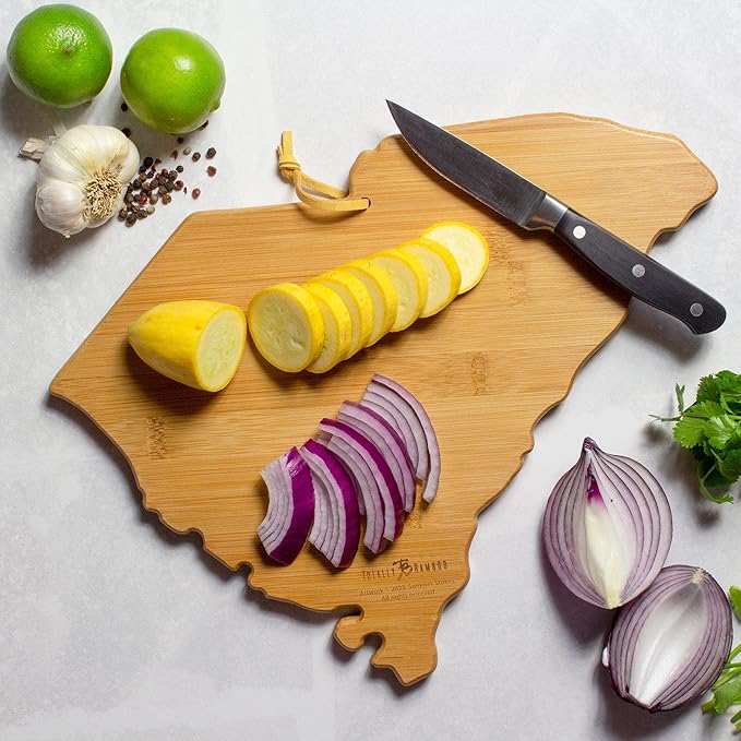 Totally Bamboo South Carolina State Shaped Cutting Board and Charcuterie Serving Platter with Artwork by Summer Stokes, Includes Hang Tie for Wall Display 14" x 11-1/2" x 5/8"