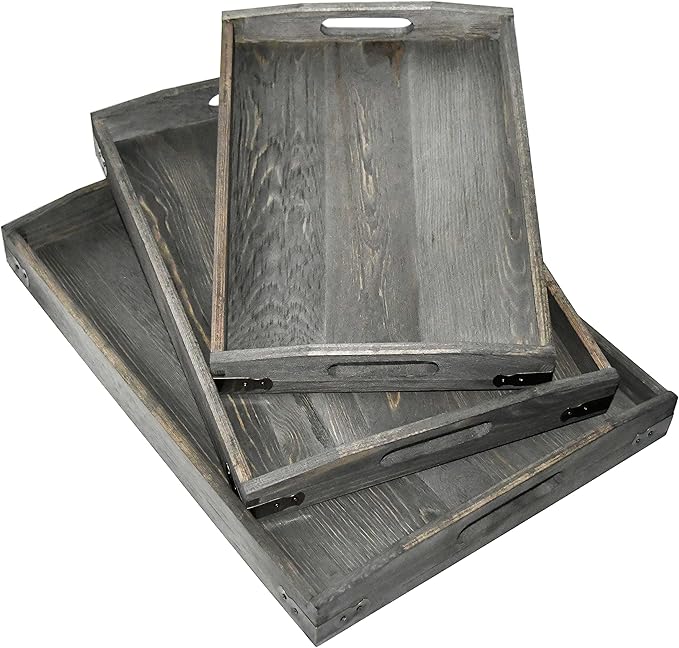 Owlgift Vintage Grey Wood Serving Trays with Brass Metal Wrap Accents, Set of 3