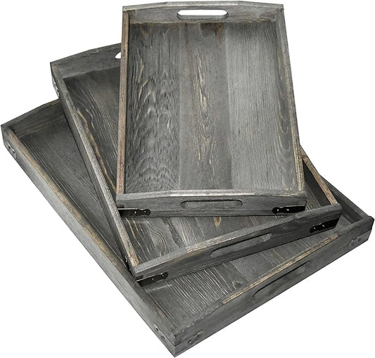 Owlgift Vintage Grey Wood Serving Trays with Brass Metal Wrap Accents, Set of 3
