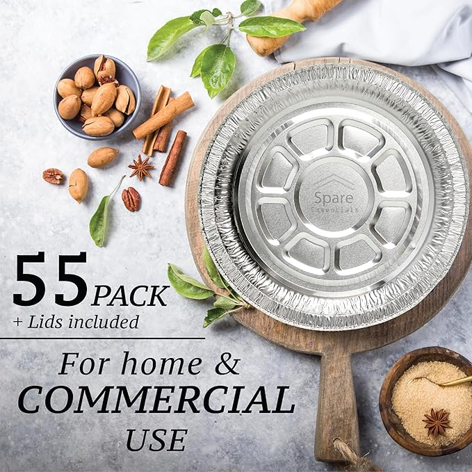 Spare Essentials (55 Pack) 7" Round Foil Pans with Lids - Small Aluminum Pans - Freezer & Oven Safe Round Aluminum Pans with Lids - Takeout Containers for Baking, Roasting, Air Fryer Food Storage