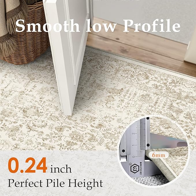 Light Brown Runner Rug 2'6"x10' Washable Carpet for Hallway Kitchen Vintage Distressed Non Slip Indoor Retro Floral Bedroom Accent Throw Long Rug Bathroom Office Laundry Dining Living Room