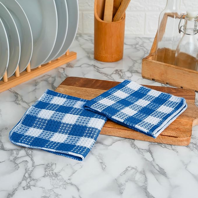 Blue Needles Waffle Weave Check Plaid Dish Cloths, 12x12 Inches 100% Cotton Set of 8 Dish Towels for Kitchen, Ultra Soft & Absorbent Kitchen Towels for Quick Drying Spring Summer - Sky Blue & White