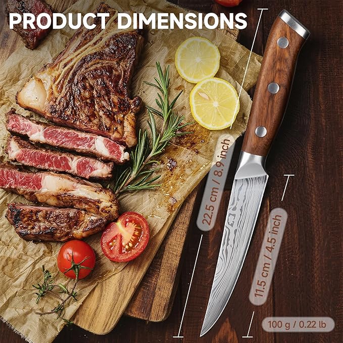 Steak Knives Set of 4-4.5 Inch Damascus Pattern Ultra-Sharp High Carbon Stainless Steel Blade Fruit Knife, Professional Paring Knives Sets, Christmas Gifts with Gift Box