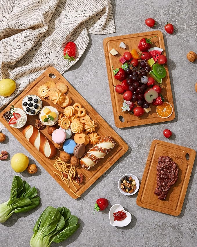 Garvee Bamboo Cutting Board Set of 3, Multi-Sizes Kitchen Cutting Boards with Deep Juice Grooves & Built-in Handle, Wooden Chopping Boards for Charcuterie, Vegetables & Fruit