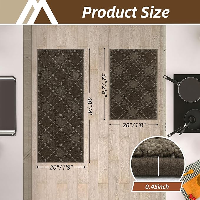 COSY HOMEER Kitchen Rugs and Mats Sets 2PCS Non-Slip Soft Kitchen Mats for Floor Absorbent and Stain Resistant Kitchen Floor Mat Washable Plaid Rugs for Kitchen,20"x32"+20"x48",Brown