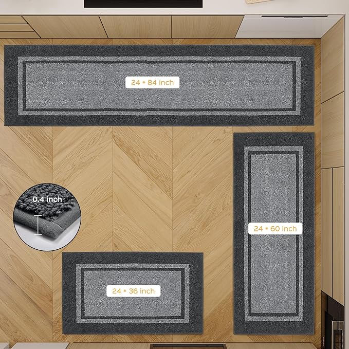 Kitchen Rugs Set (24" x 36"+24" x 60"), Non-Slip Machine Washable Kitchen Runner Rugs Floor Mats, Absorbent Comfort Standing Mat for Kitchen, Sink and Hallway, Rolled Packaging, Light Grey & Dark Grey