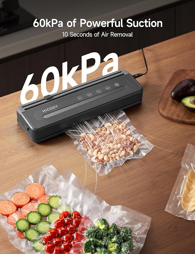 HiCOZY Compact Vacuum Sealer for Food, 5-in-1 Functions Vacuum Sealer with Detachable Drip Tray, Double Heat Seal, Built-in Cutter, 10 BPA-Free Bags, Space Gray