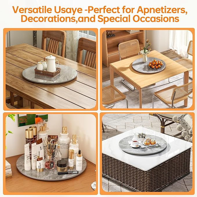 Lazy Susan Turntable 31.4 Inch - 360° Silent Rotating Anti-Slip Serving Tray, Heavy Duty Centerpiece for Kitchen, Dining & Coffee Table - Grey Modern Design with Non-Slip Base