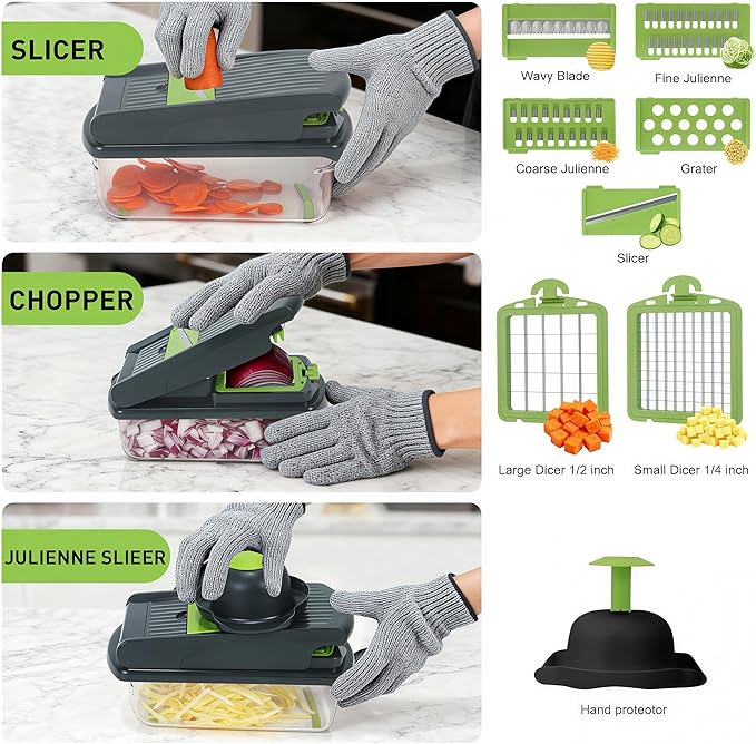 Multifunctional Mandoline Slicer with 7 Blades, Vegetable Chopper Food Cutter with Container, Onion Dicer Potato Grater Salad Prep Tool, Stainless Steel Kitchen Gadgets for Veggie Fruit (Grey)