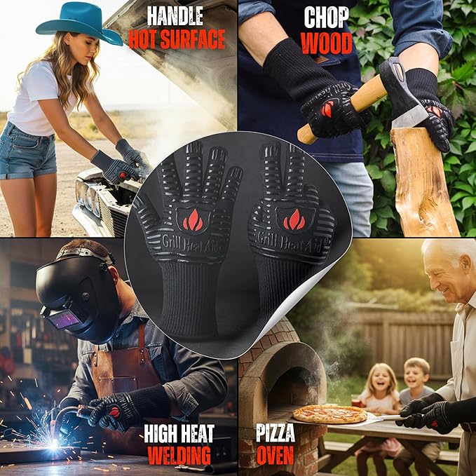 GRILL HEAT AID BBQ Gloves 1472°F Heat-Proof Gloves for Grilling & Barbecue, Heat-Resistant Oven Mitts with Kitchen Dexterity for Cooking, Baking Pizza, Fireproof Glove for Fire Pit, Fireplace, Smoker