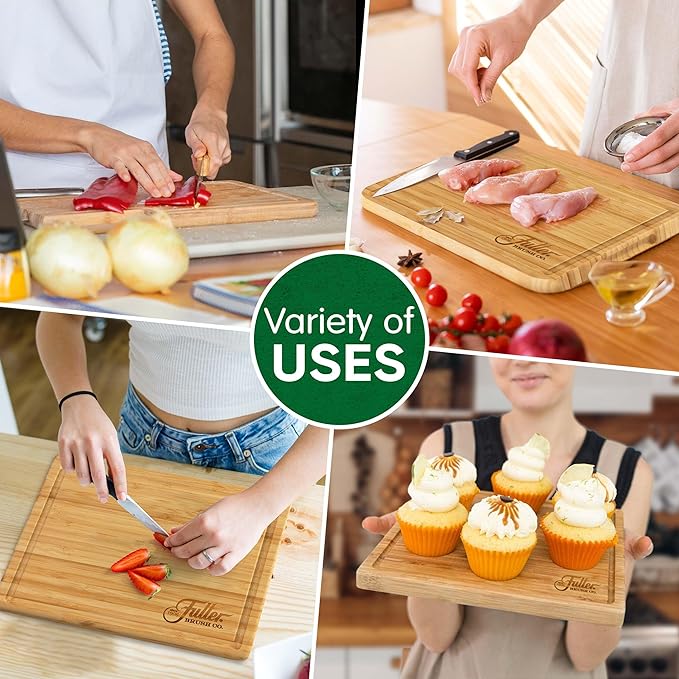 Fuller's Bamboo Cutting Board - 12” x 9” Wooden Chopping Board for Kitchen - Durable, Knife-Friendly, Easy to Clean - With Juice Groove & Side Handles for Food Prep & Serving