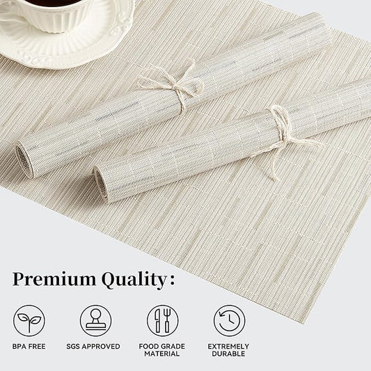Leetaltree Pale Beige Placemats Set of 4 - Heat Resistant Non-Slip Place mats for Dining Table, Washable Durable PVC Vinyl Woven Table Mats（Pale Beige, 4）