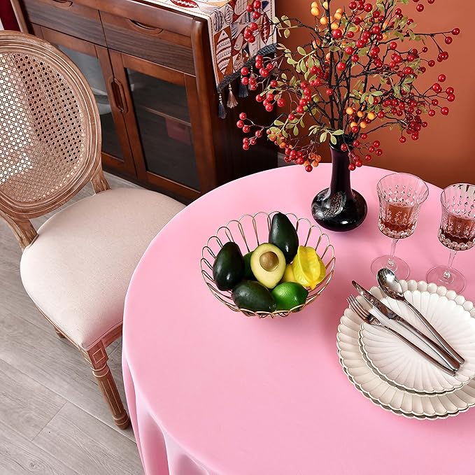 MEANMOY Pink 210 GSM Water & Stain Resistant Round Tablecloth for Circle Table - Solid Small 48 Inch Table Cloth Cover in Wrinkle Free Durable Washable Polyester Fabric for Wedding, Party, Banquet