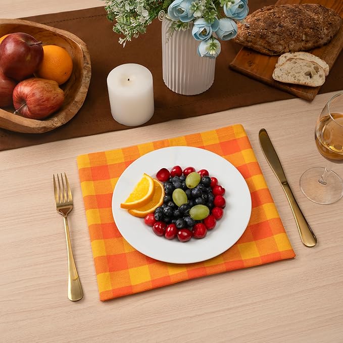 Blue Needles Gingham Buffalo Plaid Cloth Napkins 100% Cotton Set of 12 Dinner Table Napkins 18x18 inch Soft, Reusable, Washable for Wedding Parties & Everyday Use - Orange & Golden Yellow