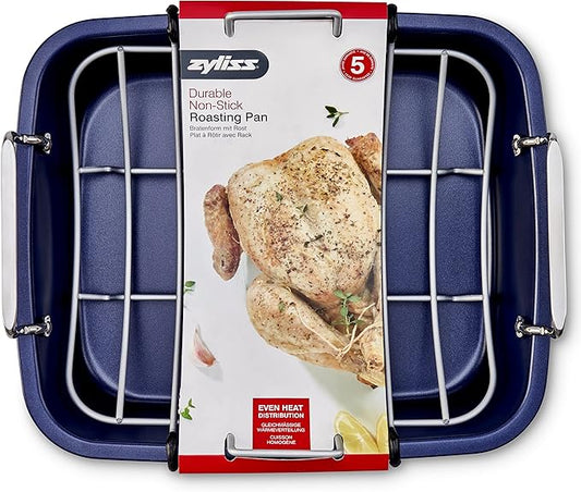 Zyliss E980206 Non-Stick Roasting Tin with Rack, Carbon Steel, Dark Blue, Roast Pan/Baking Trays for Oven/Bakeware Tray, Dishwasher Safe