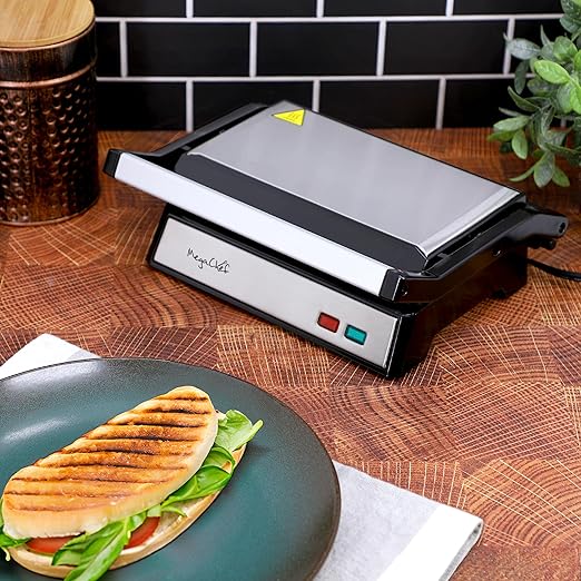 MegaChef Electric Dual Plate Non-Stick Panini Grill Contact Press and Drip Tray, Lightweight Compact Grill, Sandwich Maker