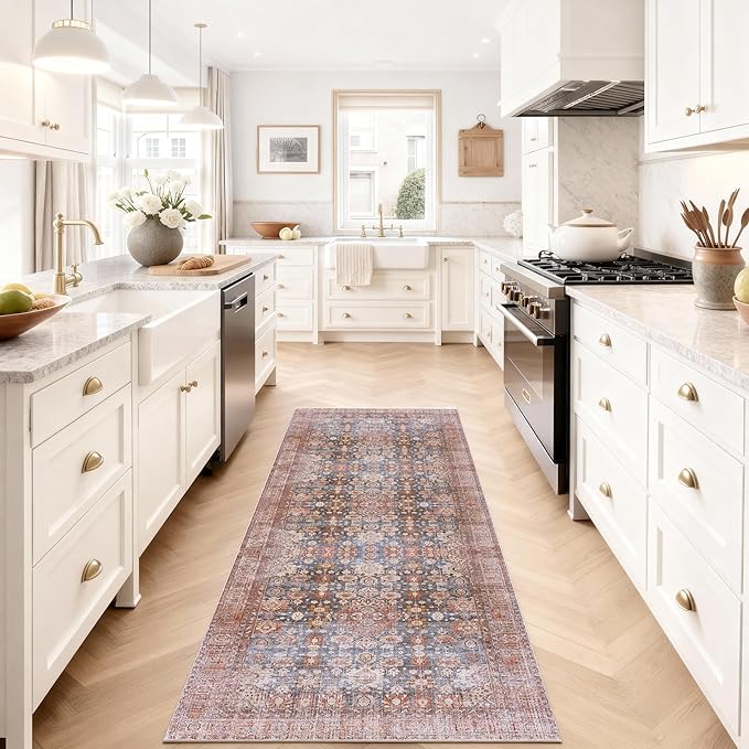 Kuden 2'6"x7' Runner Rug, Machine Washable Area Rug with Non-Slip Backing, Vintage Style, Soft, Easy Clean, Low Pile Rug for Hallway, Entryway, Kitchen, Bedroom