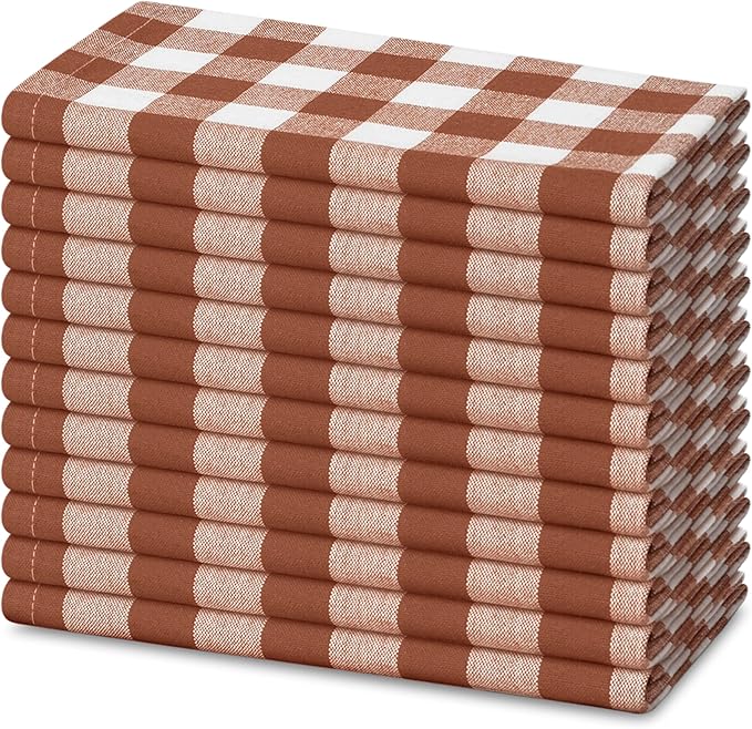Blue Needles Gingham Buffalo Plaid Cloth Napkins 100% Cotton Set of 12 Dinner Table Napkins 18x18 inch Soft, Reusable, Washable, Ideal for Wedding Parties & Everyday Use - Nut Brown & White